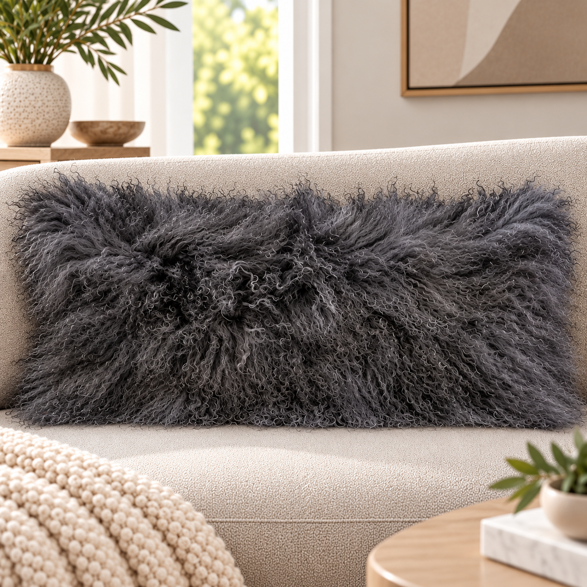 Mongolian/Tibetan Lamb Fur Pillow – 14″ × 36″ – Double-Sided