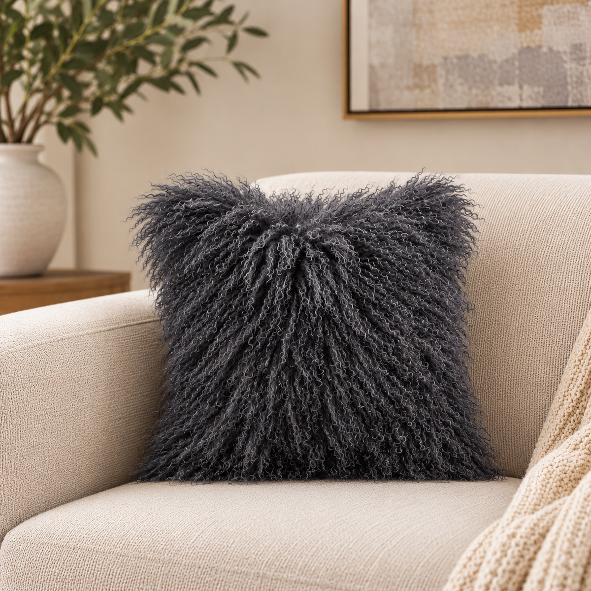 Mongolian/Tibetan Lamb Fur Pillow – 16″ × 16″ – Double-Sided