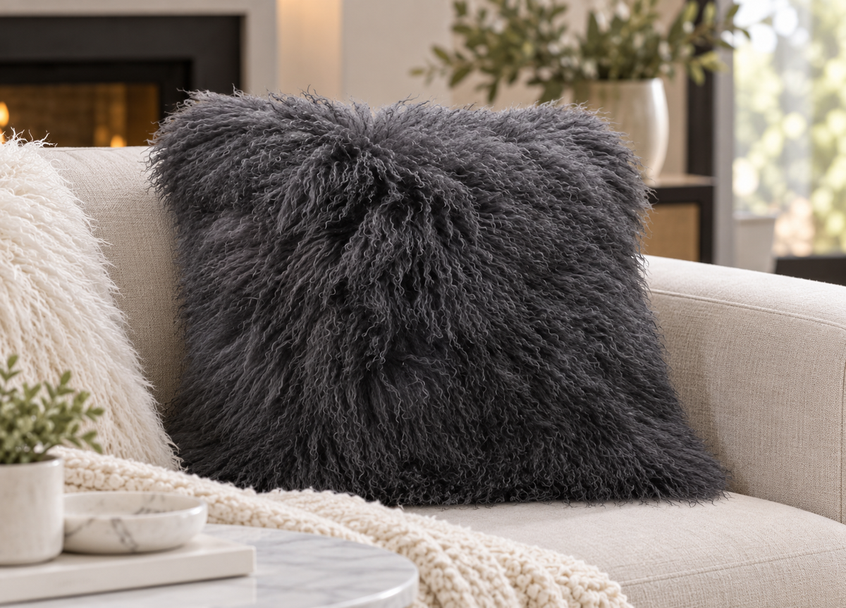 Mongolian/Tibetan Lamb Fur Pillow – 18″ × 18″ – Double-Sided