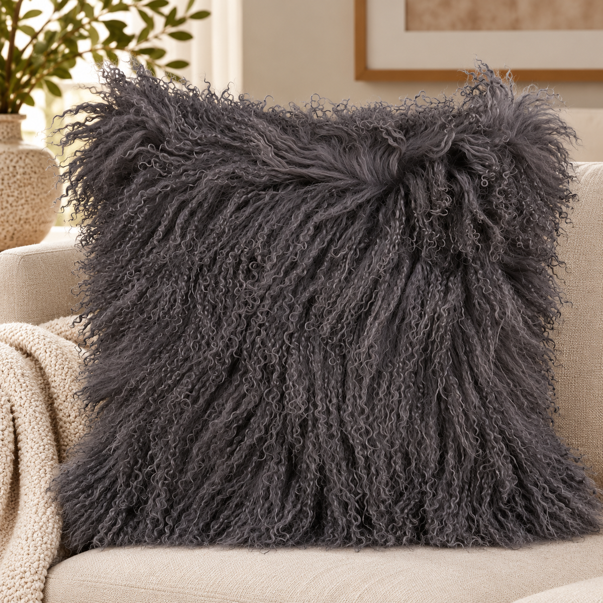 Mongolian/Tibetan Lamb Fur Pillow – 24″ × 24″ – Double-Sided