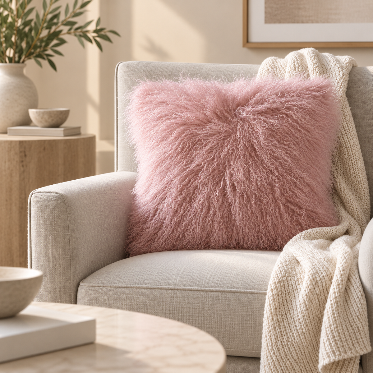 Mongolian/Tibetan Lamb Fur Pillow – 20″ × 20″ – Single-Sided
