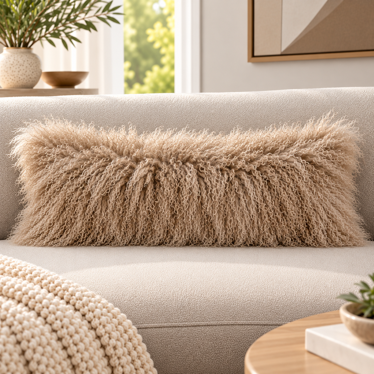 Mongolian/Tibetan Lamb Fur Lumbar Pillow – 14″ × 36″ – Single-Sided