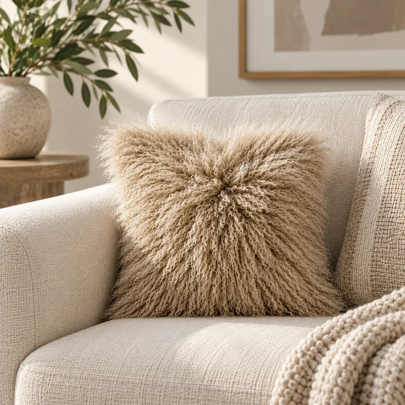 Mongolian/Tibetan Lamb Fur Pillow – 16″ × 16″ – Double-Sided