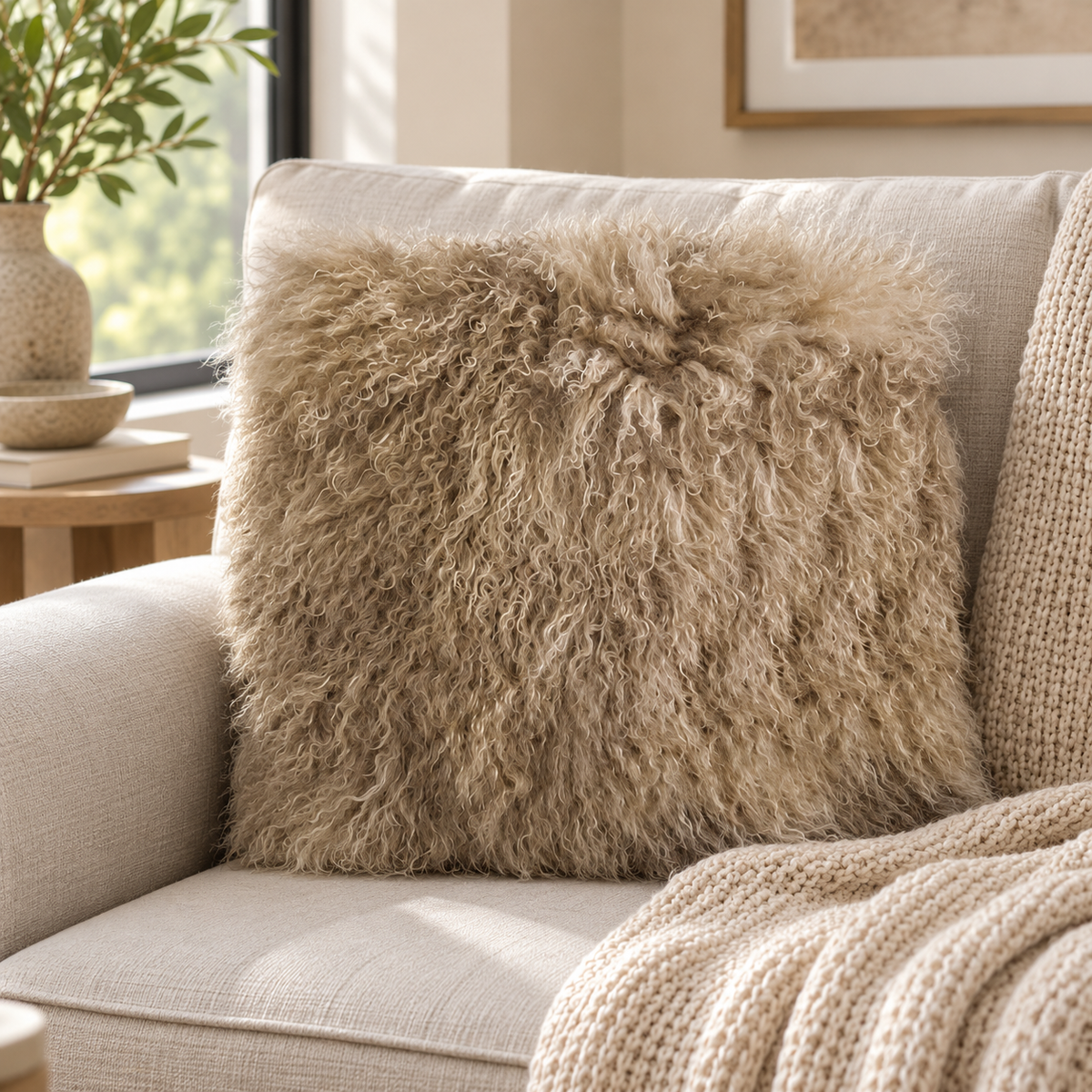 Mongolian/Tibetan Lamb Fur Pillow – 20″ × 20″ – Single-Sided