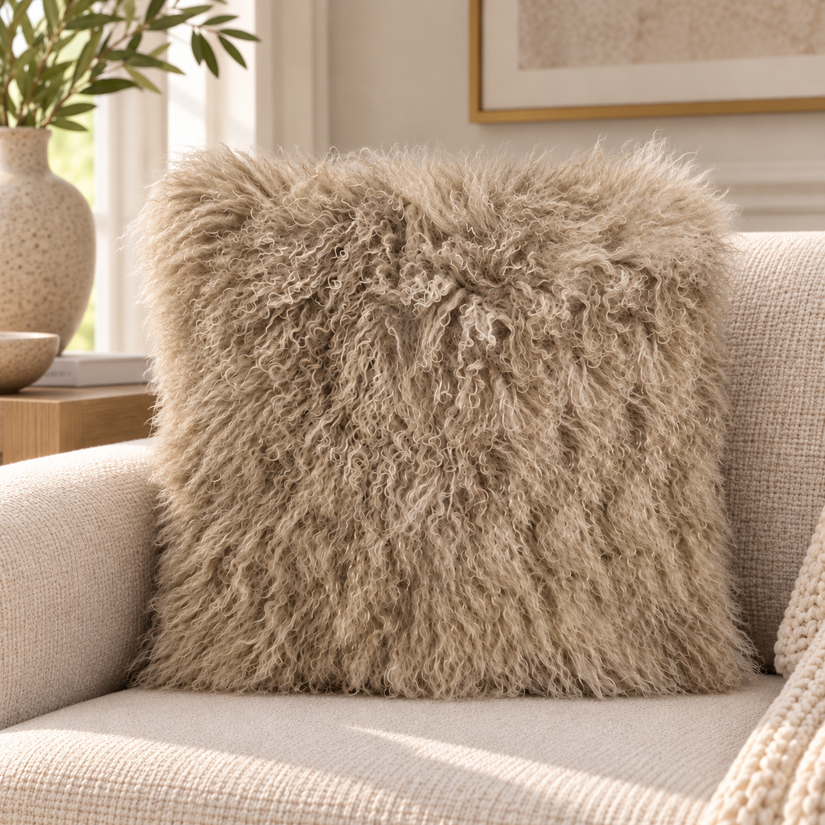 Mongolian/Tibetan Lamb Fur Pillow – 22″ × 22″ – Double-Sided