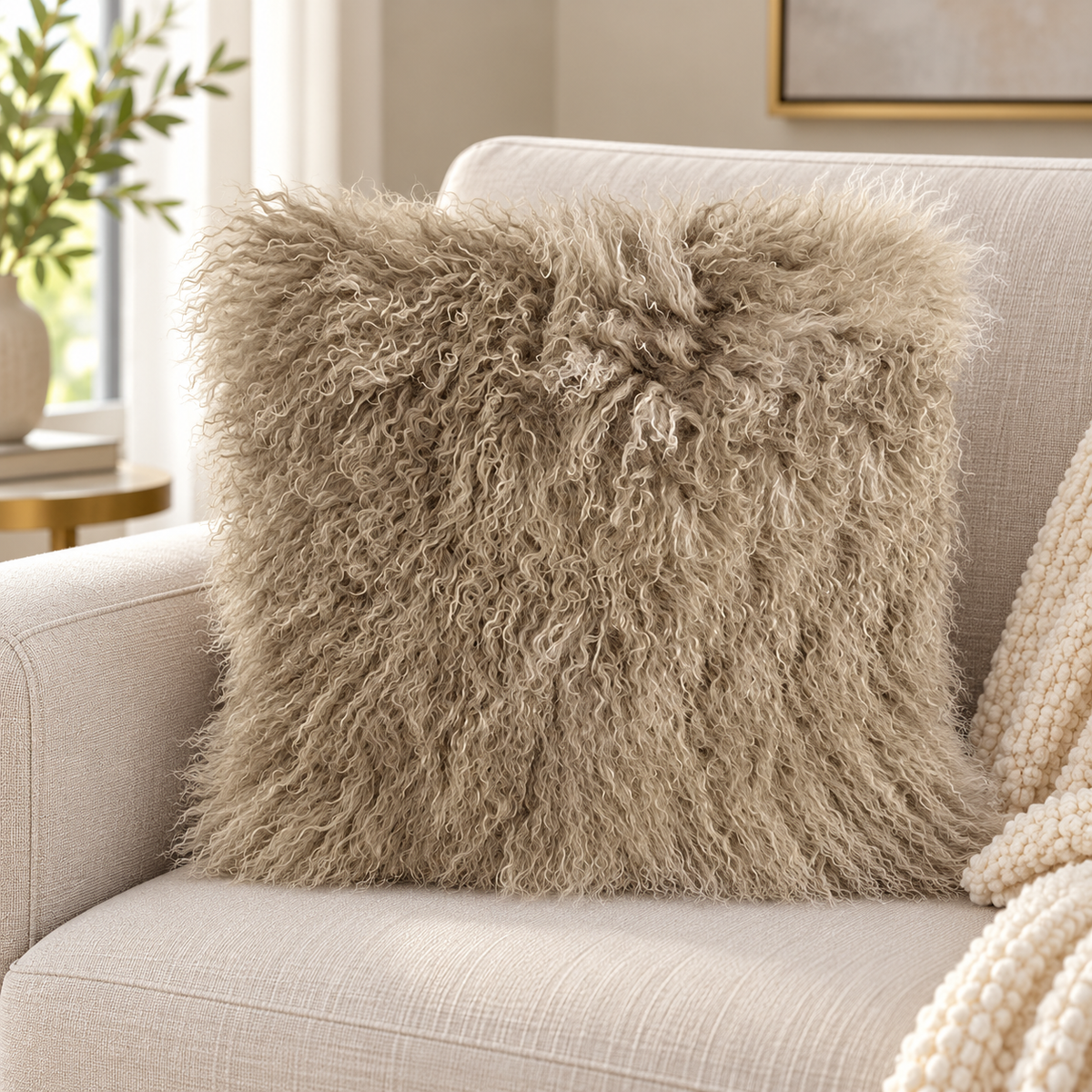 Mongolian/Tibetan Lamb Fur Pillow – 24″ × 24″ – Double-Sided