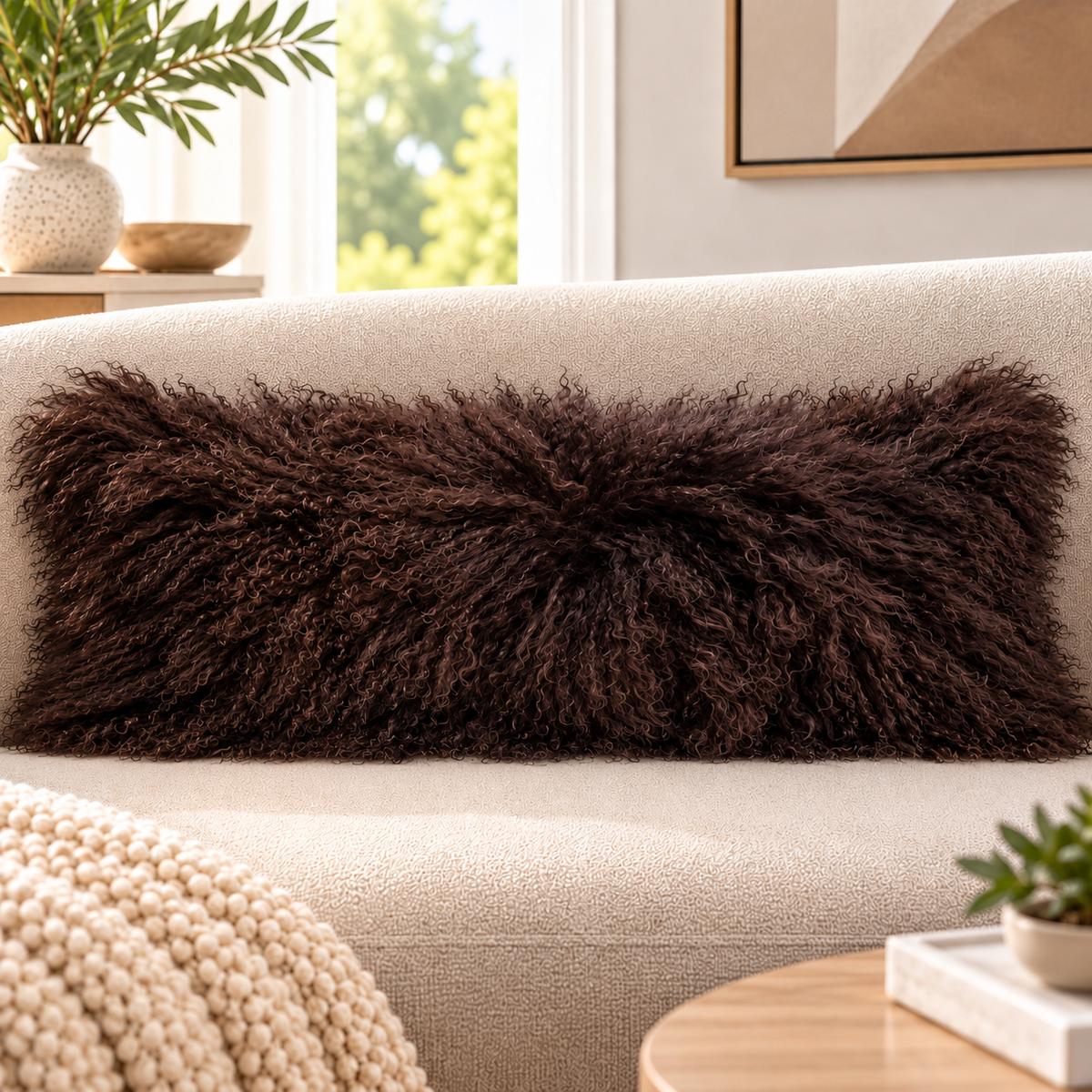 Mongolian/Tibetan Lamb Fur Lumbar Pillow – 14″ × 36″ – Single-Sided