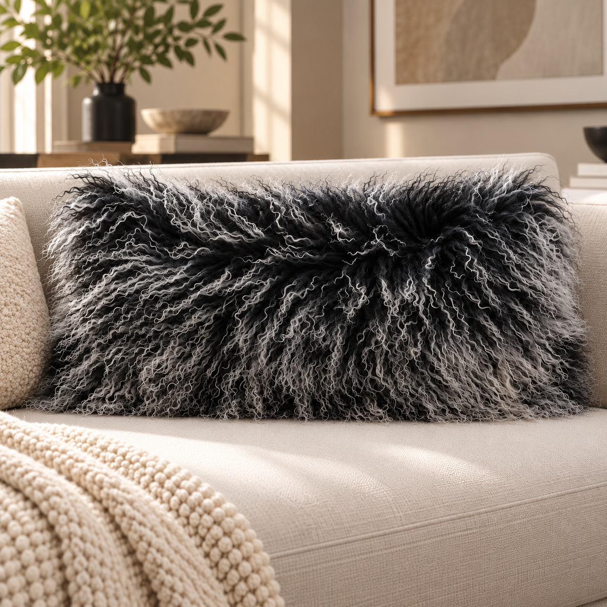 Mongolian/Tibetan Lamb Fur Lumbar Pillow – 12″ × 20″ – Single-Sided