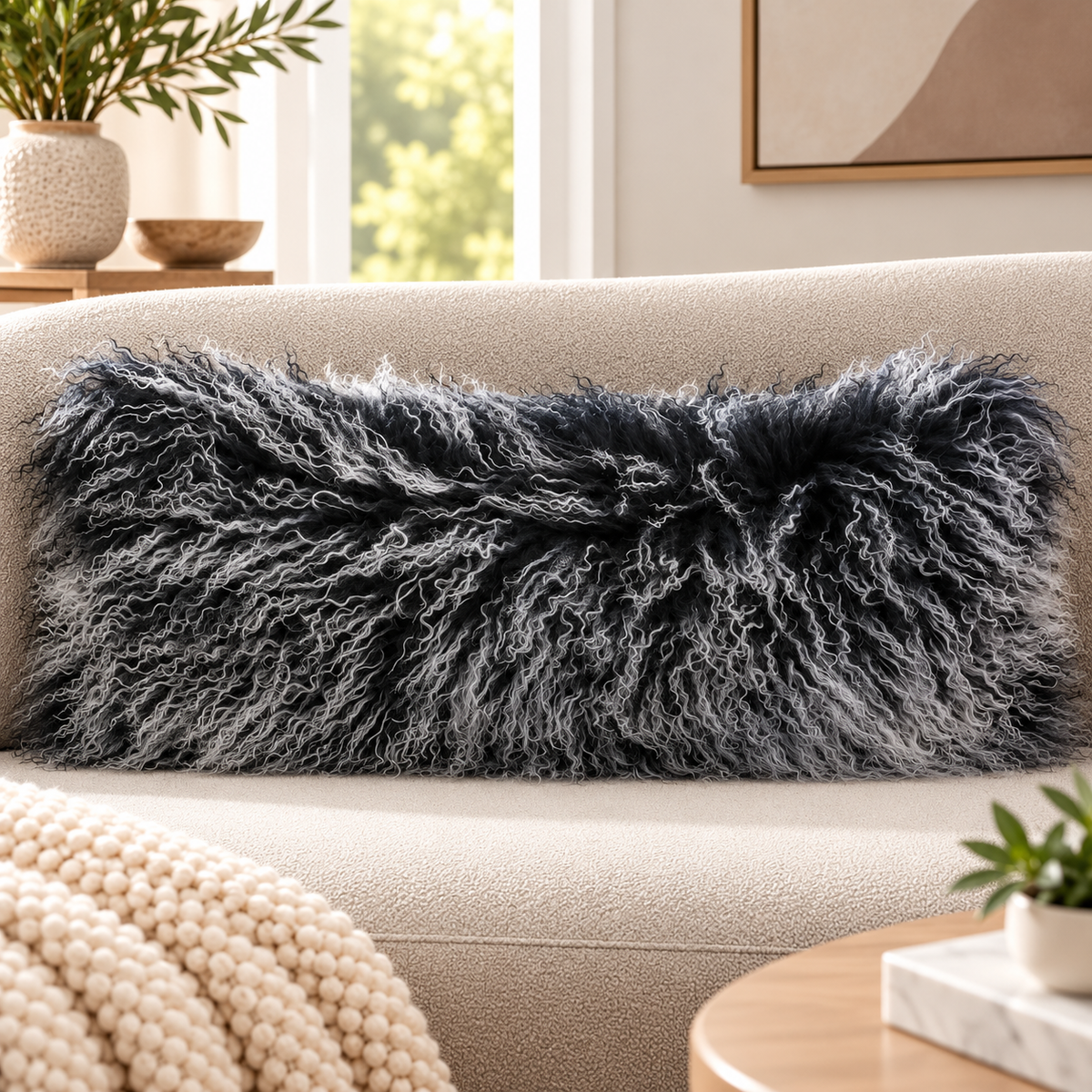 Mongolian/Tibetan Lamb Fur Lumbar Pillow – 14″ × 36″ – Single-Sided