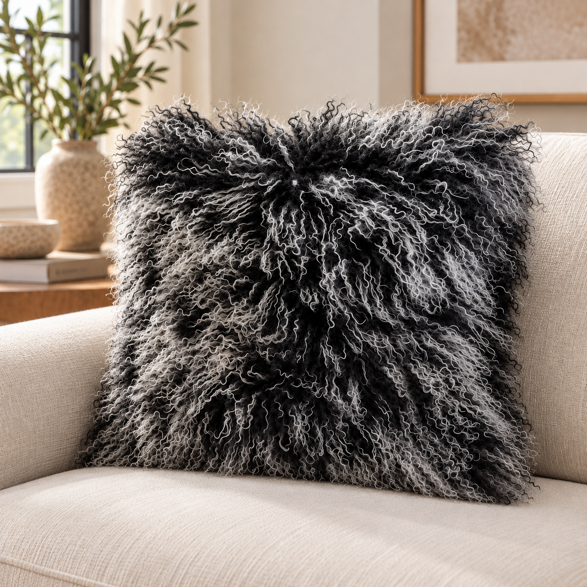Mongolian/Tibetan Lamb Fur Pillow – 20″ × 20″ – Single-Sided
