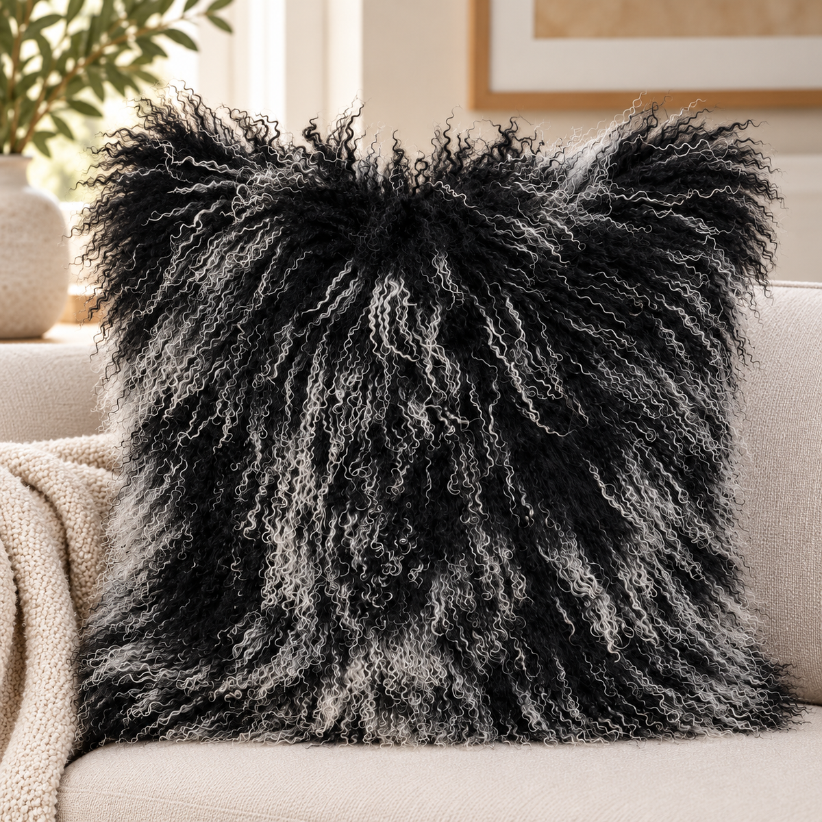 Mongolian/Tibetan Lamb Fur Pillow – 24″ × 24″ – Double-Sided