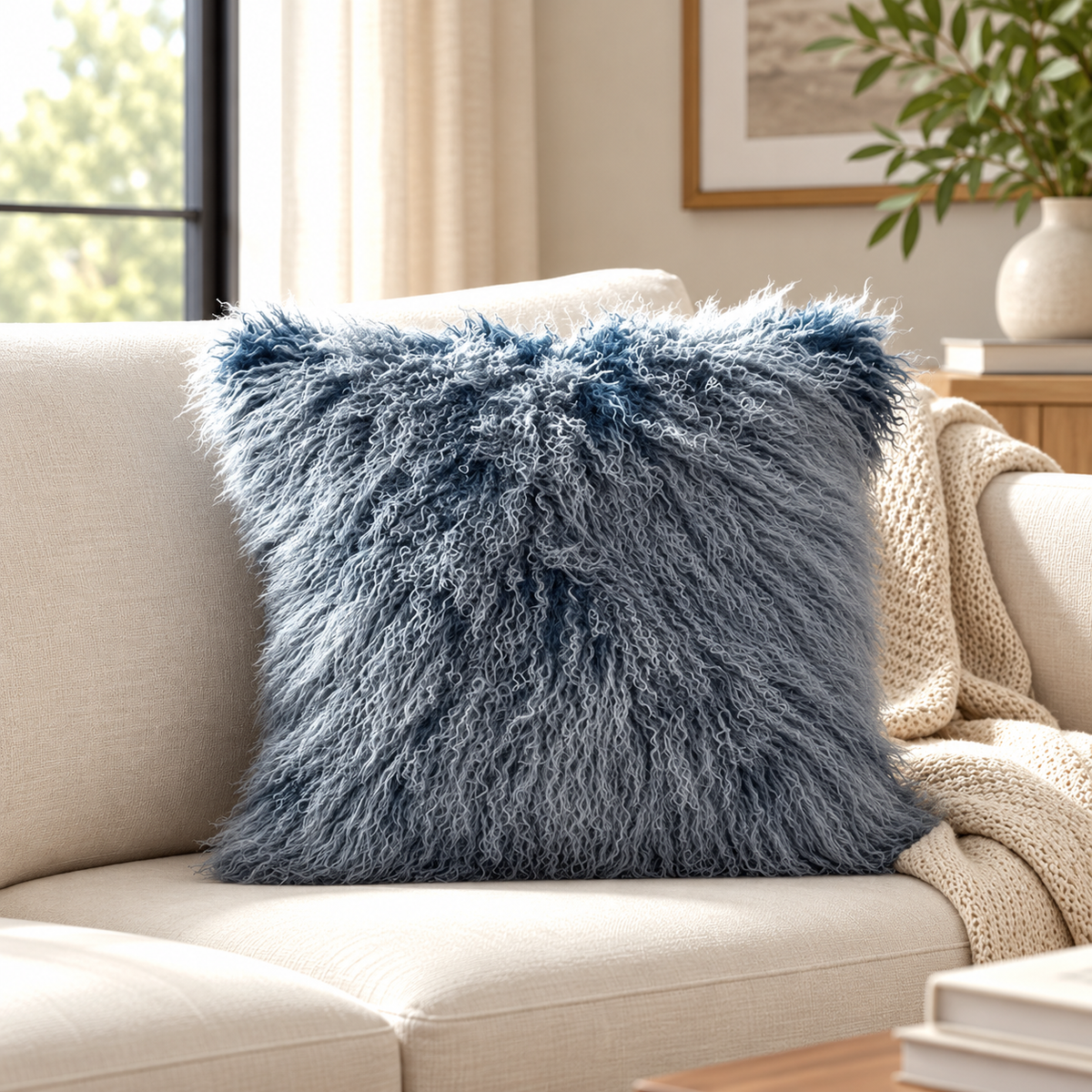 Mongolian/Tibetan Lamb Fur Pillow – 20″ × 20″ – Single-Sided