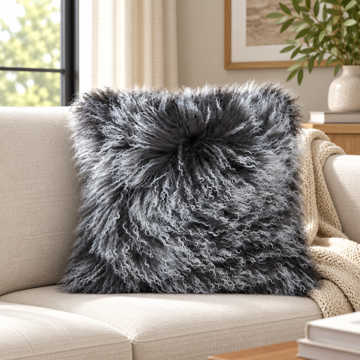 Mongolian/Tibetan Lamb Fur Pillow – 20″ × 20″ – Single-Sided