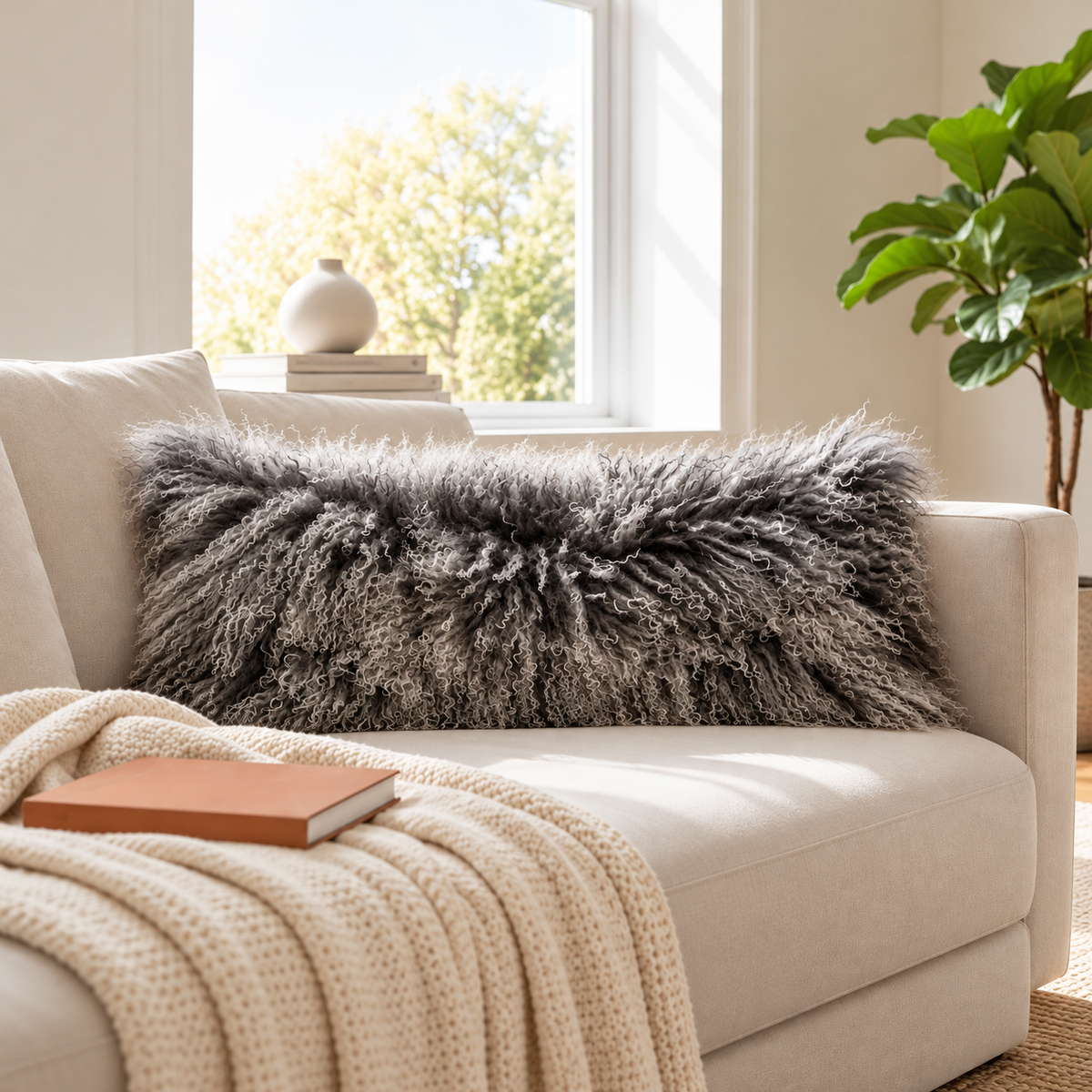 Mongolian/Tibetan Lamb Fur Lumbar Pillow – 14″ × 36″ – Single-Sided