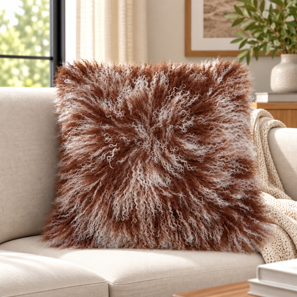 Mongolian/Tibetan Lamb Fur Pillow – 20″ × 20″ – Single-Sided