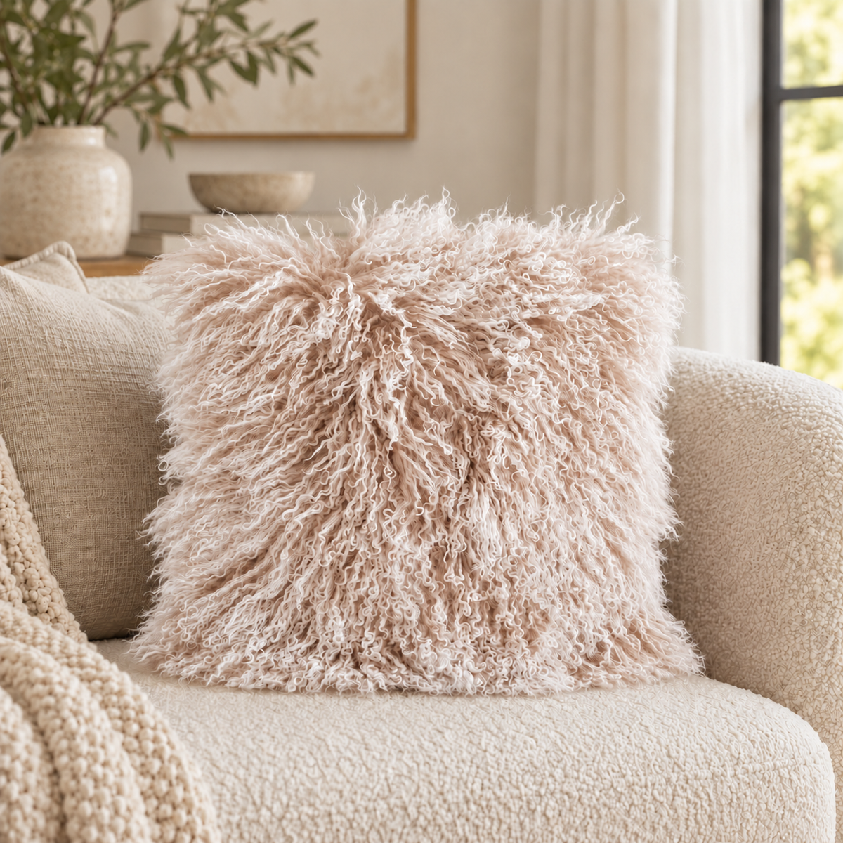Mongolian/Tibetan Lamb Fur Pillow – 20″ × 20″ – Single-Sided