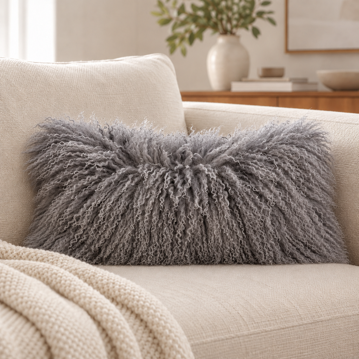 Mongolian/Tibetan Lamb Fur Lumbar Pillow – 12″ × 20″ – Single-Sided