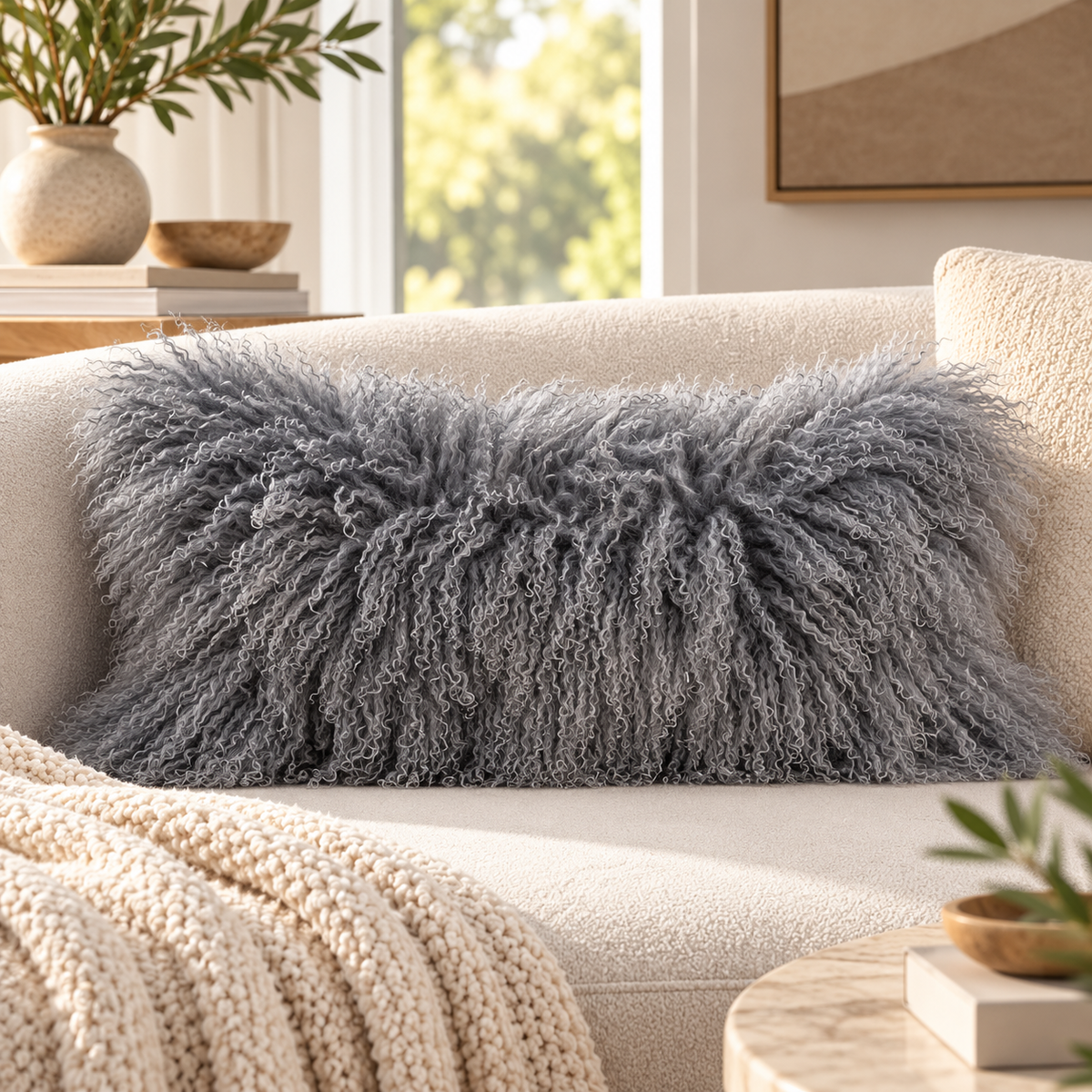 Mongolian/Tibetan Lamb Fur Pillow – 12″ × 24″ – Double-Sided