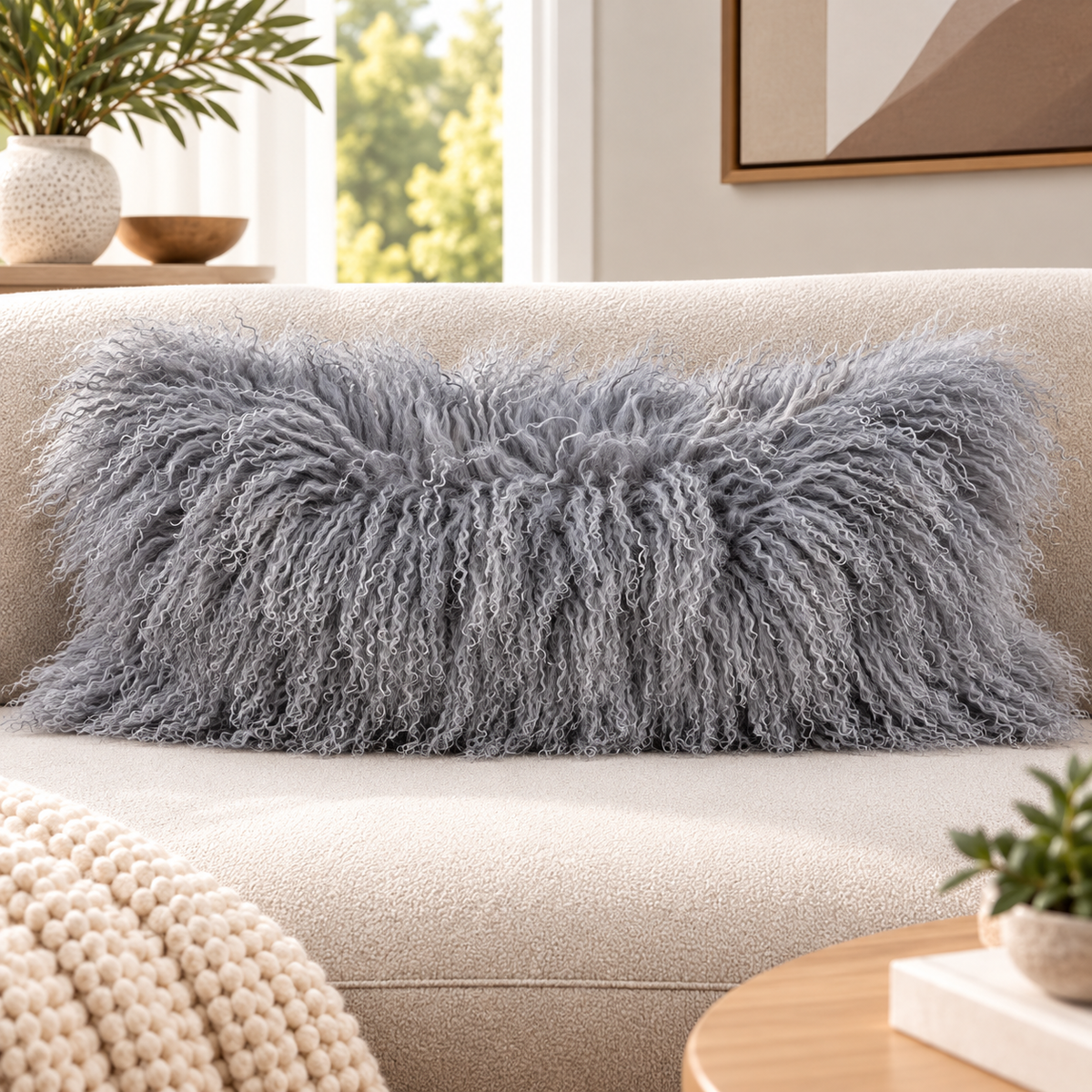 Mongolian/Tibetan Lamb Fur Lumbar Pillow – 14″ × 36″ – Single-Sided