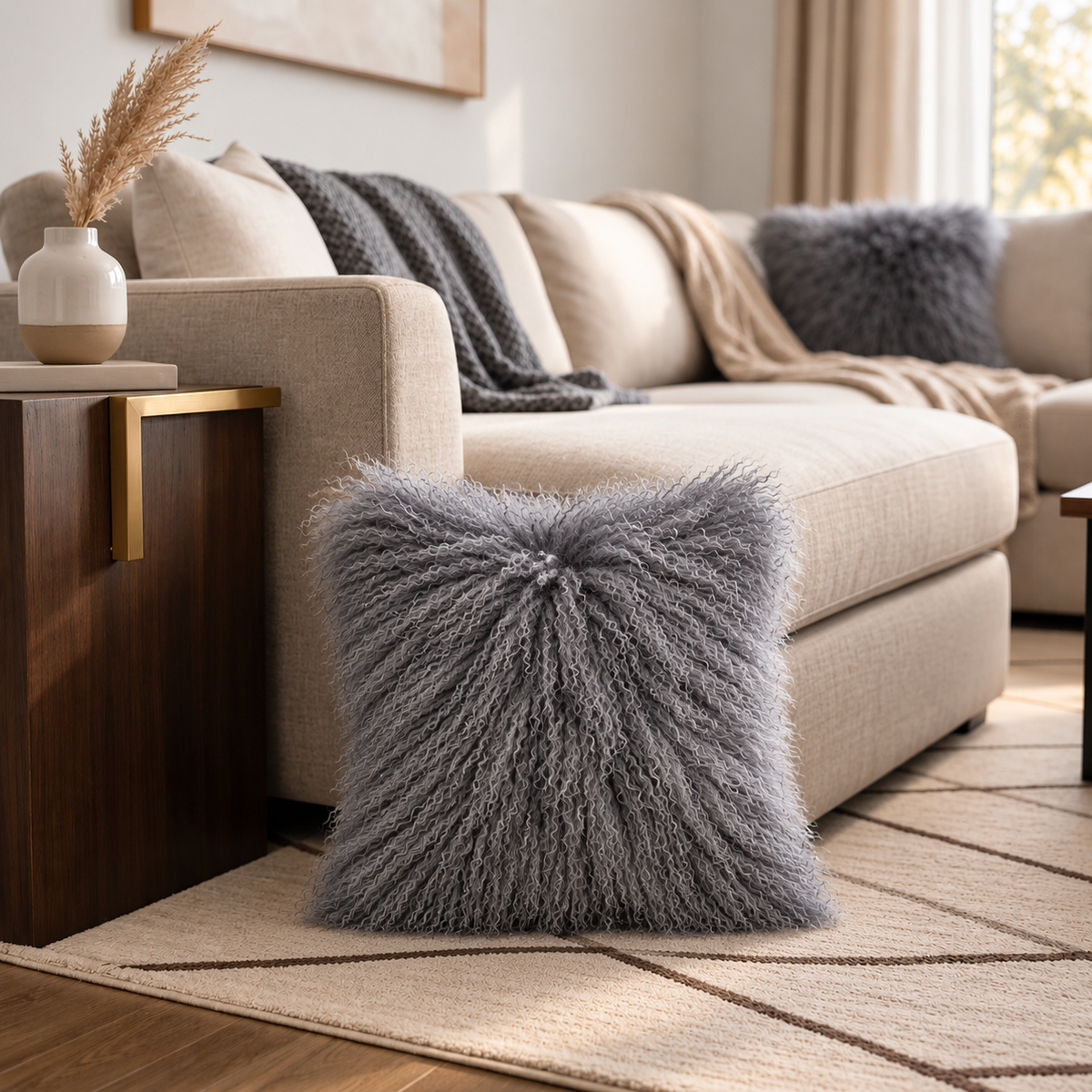 Mongolian/Tibetan Lamb Fur Pillow – 16″ × 16″ – Double-Sided