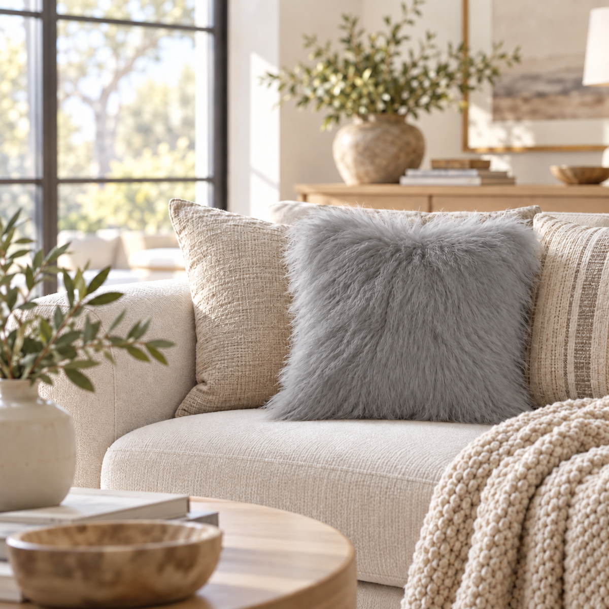 Mongolian/Tibetan Lamb Fur Pillow – 16″ × 16″ – Single-Sided