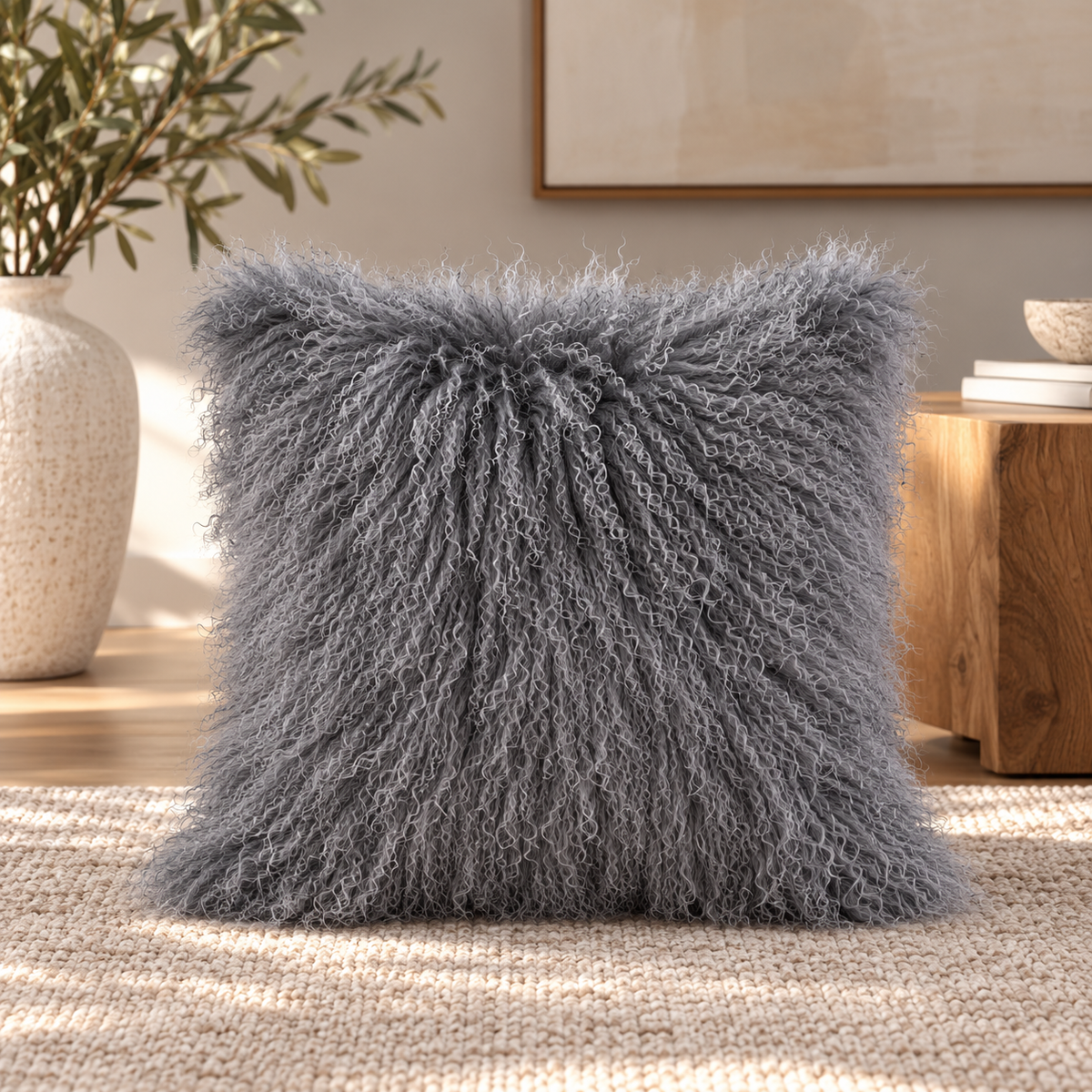 Mongolian/Tibetan Lamb Fur Pillow – 18″ × 18″ – Single-Sided