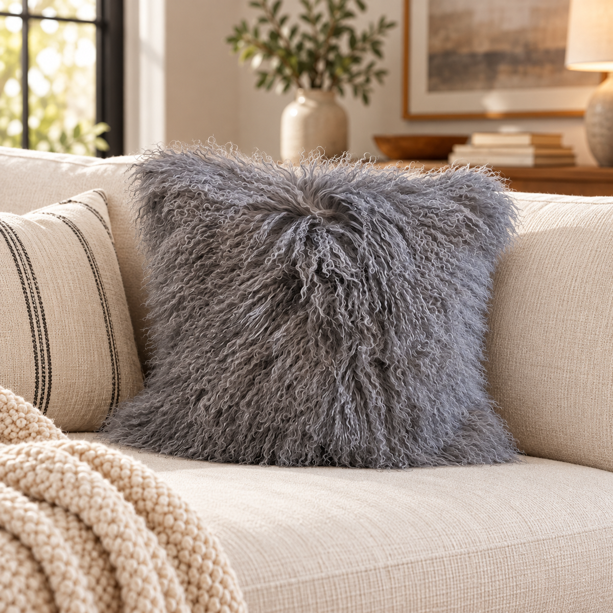 Mongolian/Tibetan Lamb Fur Pillow – 20″ × 20″ – Single-Sided
