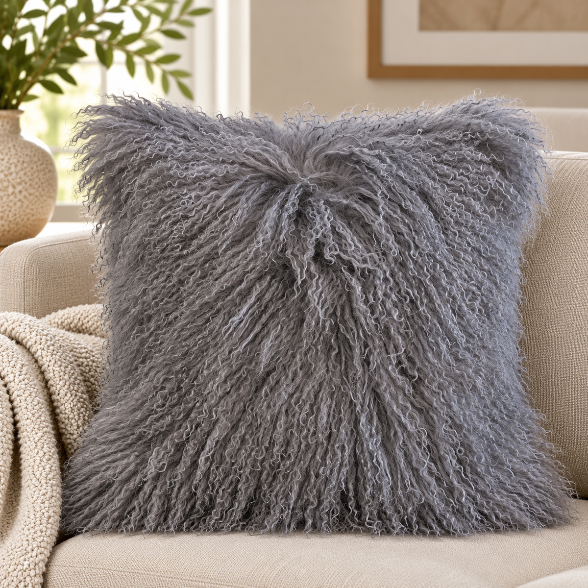 Mongolian/Tibetan Lamb Fur Pillow – 24″ × 24″ – Double-Sided