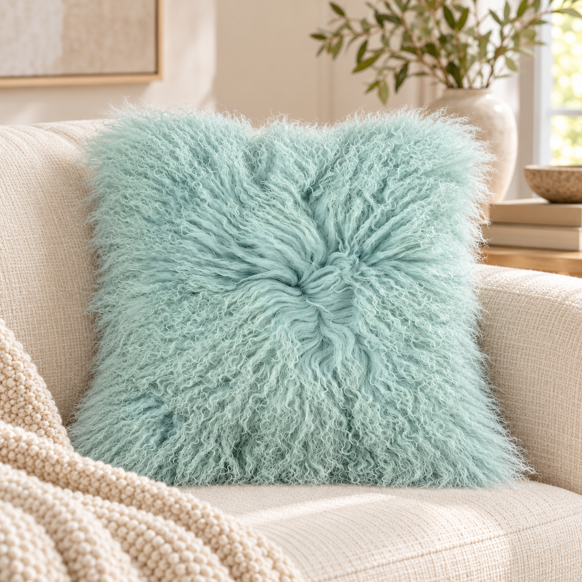Mongolian/Tibetan Lamb Fur Pillow – 20″ × 20″ – Single-Sided