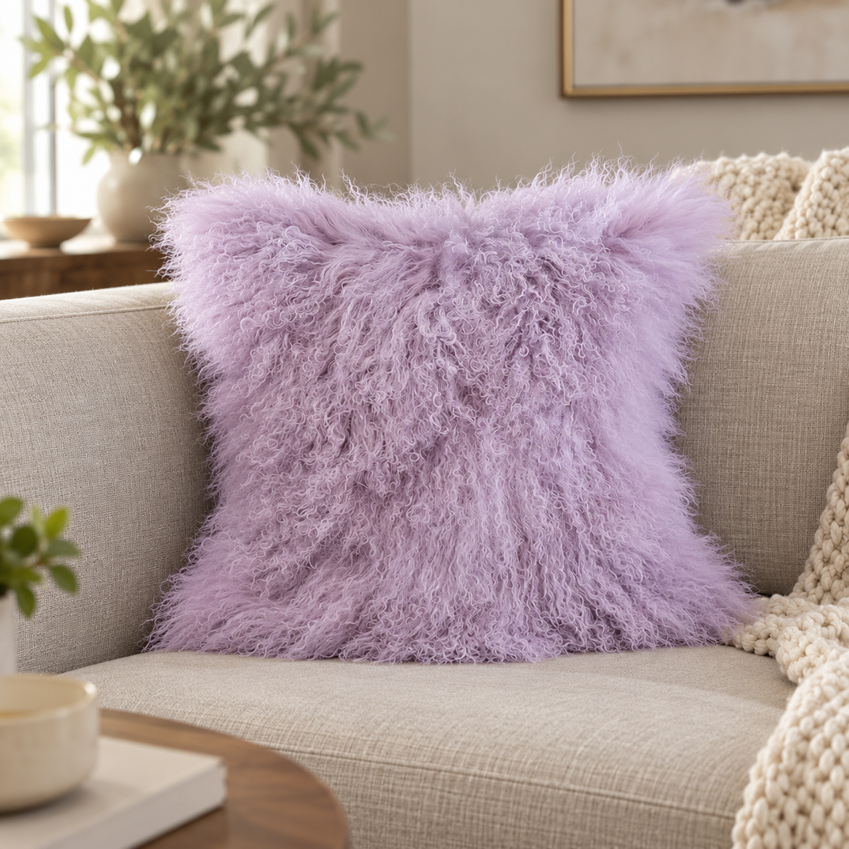 Mongolian/Tibetan Lamb Fur Pillow – 18″ × 18″ – Single-Sided