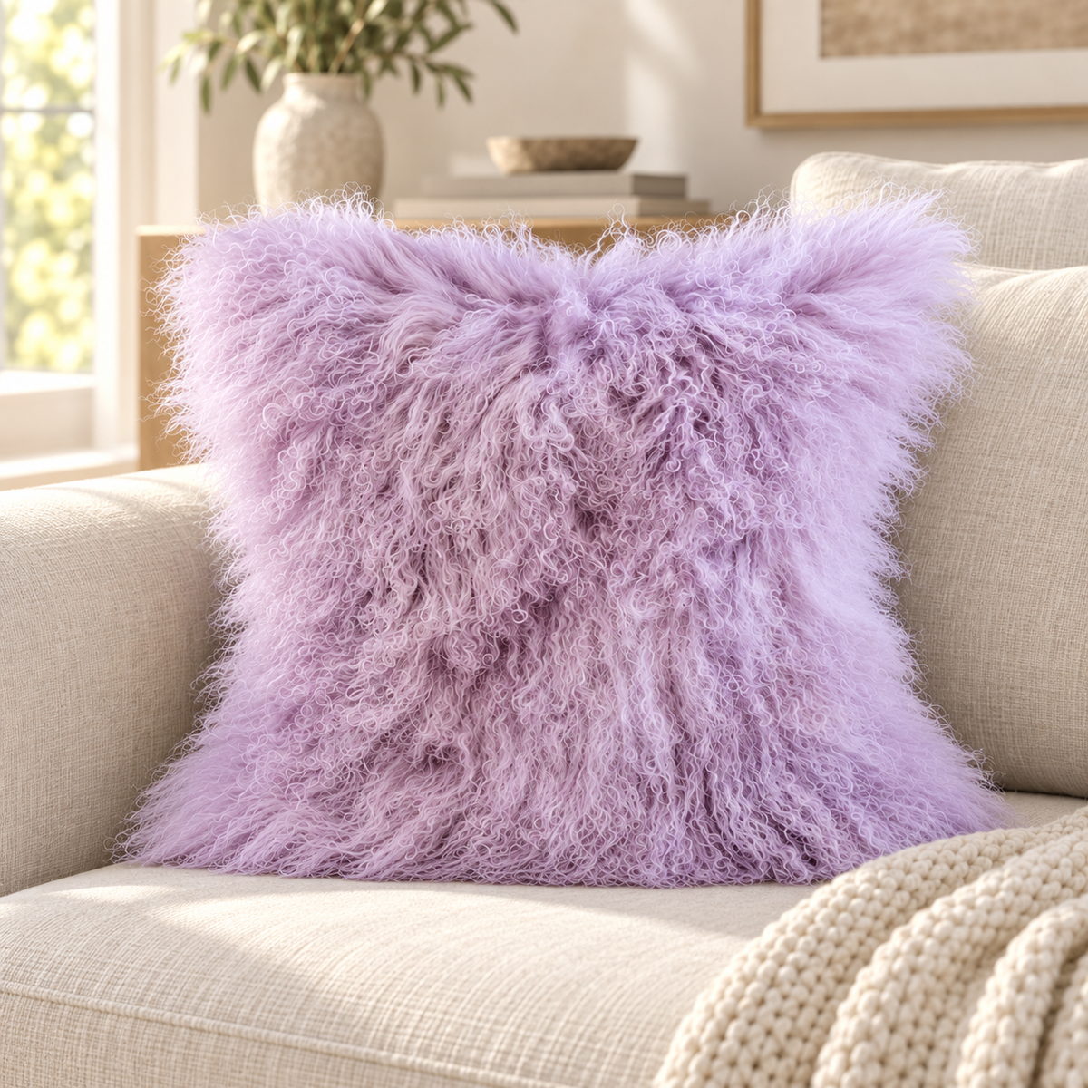 Mongolian/Tibetan Lamb Fur Pillow – 20″ × 20″ – Single-Sided