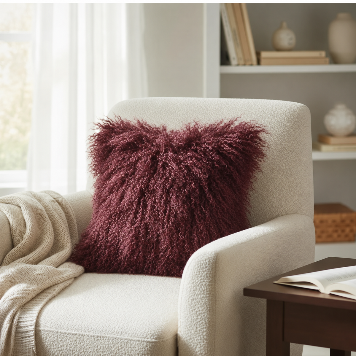 Mongolian/Tibetan Lamb Fur Pillow – 16″ × 16″ – Single-Sided