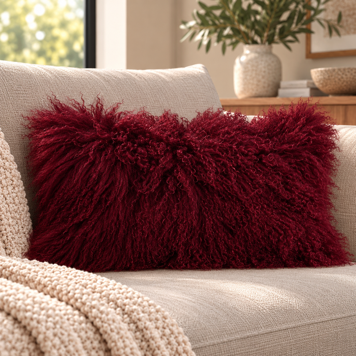 Mongolian/Tibetan Lamb Fur Pillow – 12″ × 20″ – Double-Sided