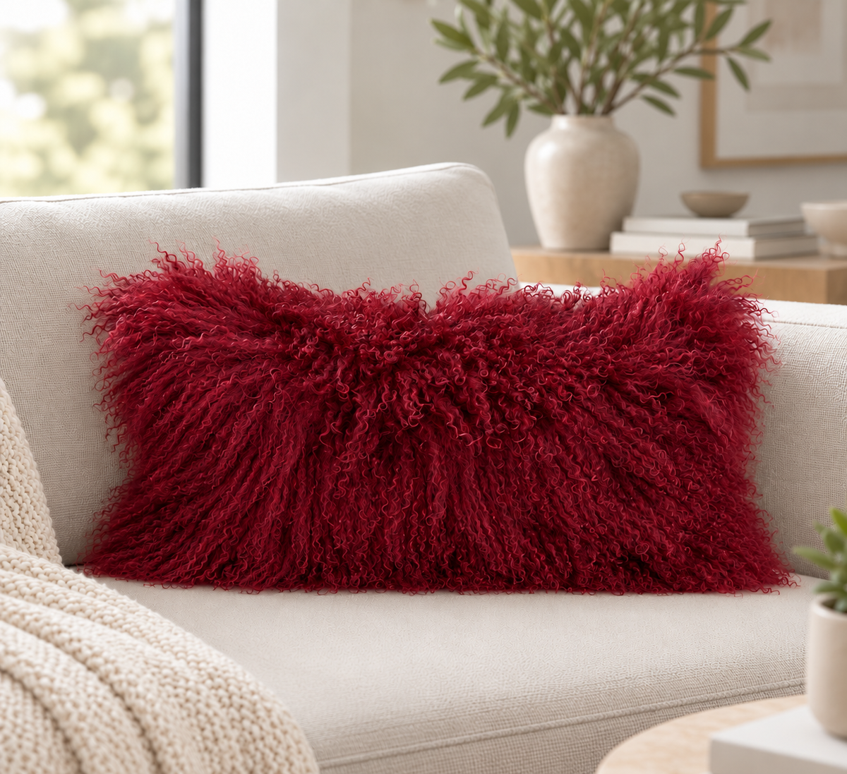 Mongolian/Tibetan Lamb Fur Lumbar Pillow – 12″ × 20″ – Single-Sided