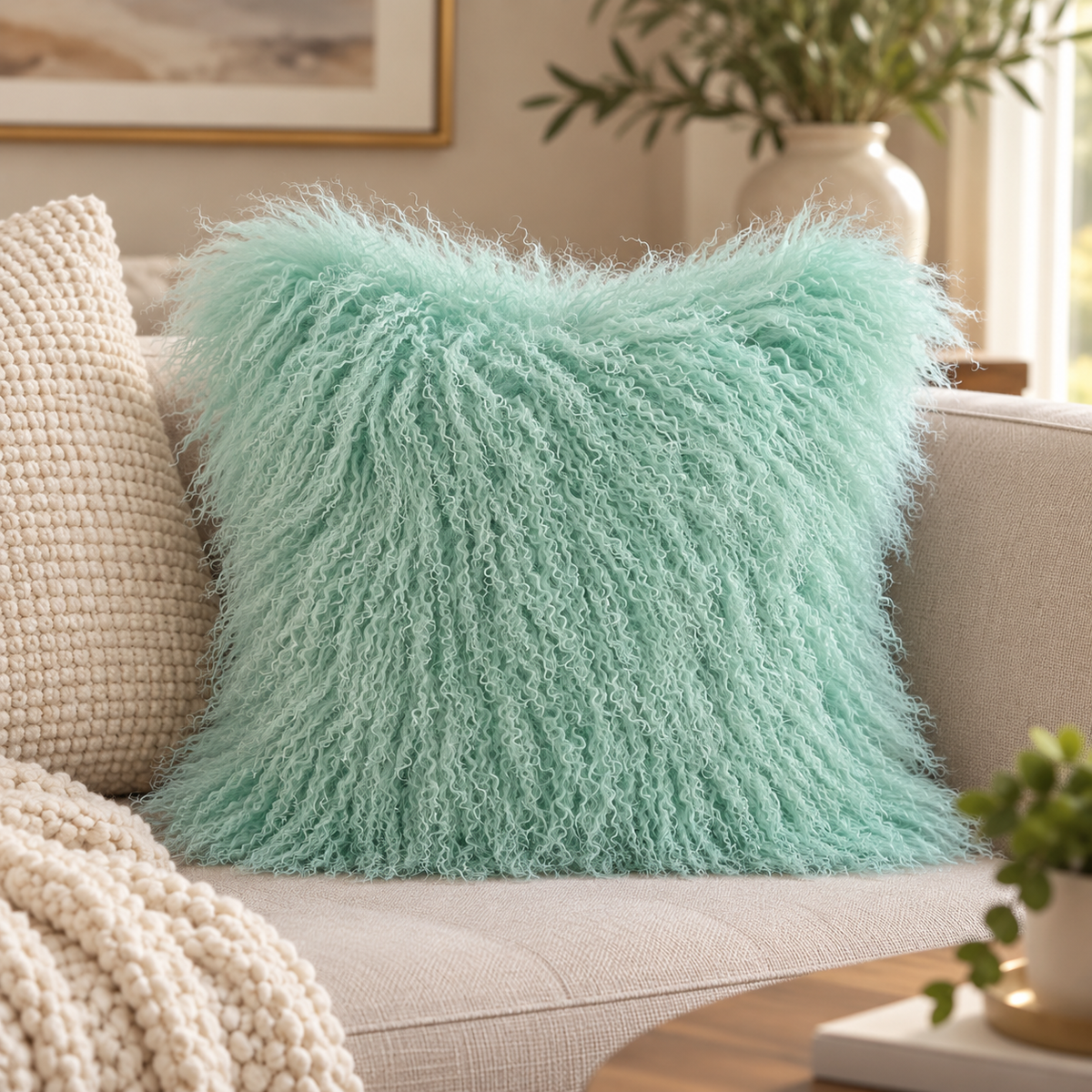 Mongolian/Tibetan Lamb Fur Pillow – 18″ × 18″ – Single-Sided