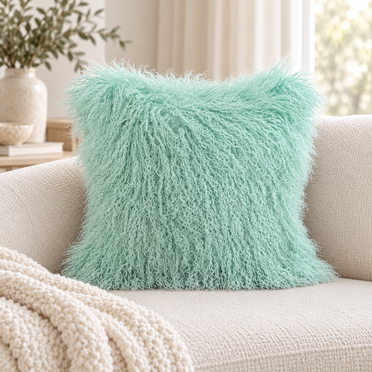 Mongolian/Tibetan Lamb Fur Pillow – 20″ × 20″ – Single-Sided