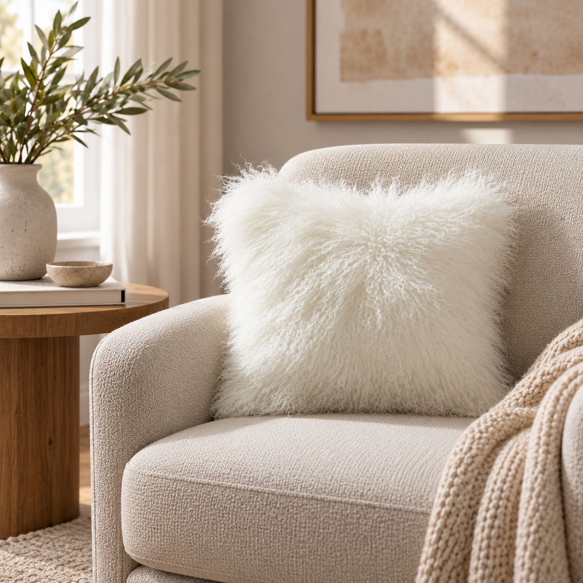 Mongolian/Tibetan Lamb Fur Pillow – 16″ × 16″ – Double-Sided