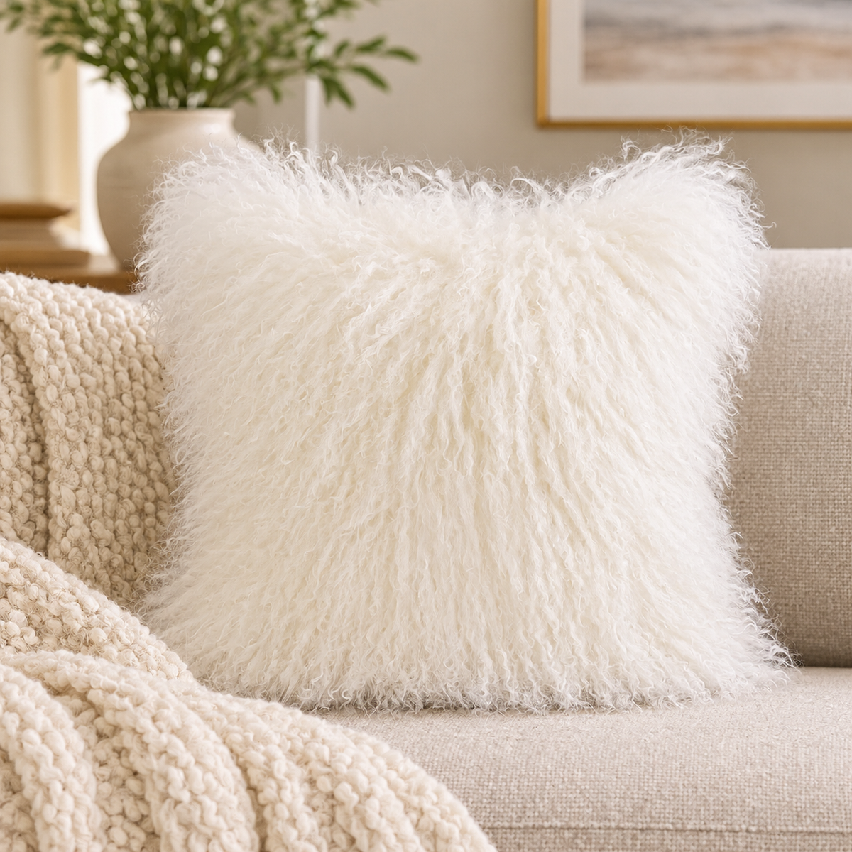 Mongolian/Tibetan Lamb Fur Pillow – 18″ × 18″ – Double-Sided