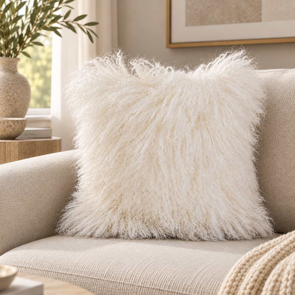 Mongolian/Tibetan Lamb Fur Pillow – 20″ × 20″ – Double-Sided