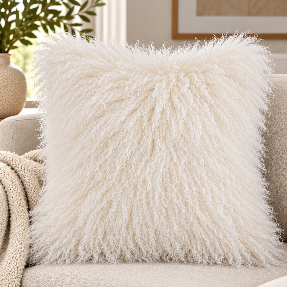 Mongolian/Tibetan Lamb Fur Pillow – 24″ × 24″ – Double-Sided