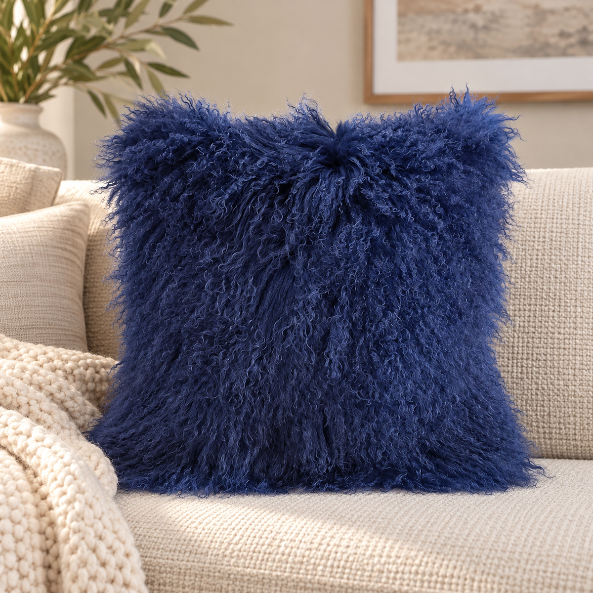 Mongolian/Tibetan Lamb Fur Pillow – 20″ × 20″ – Single-Sided