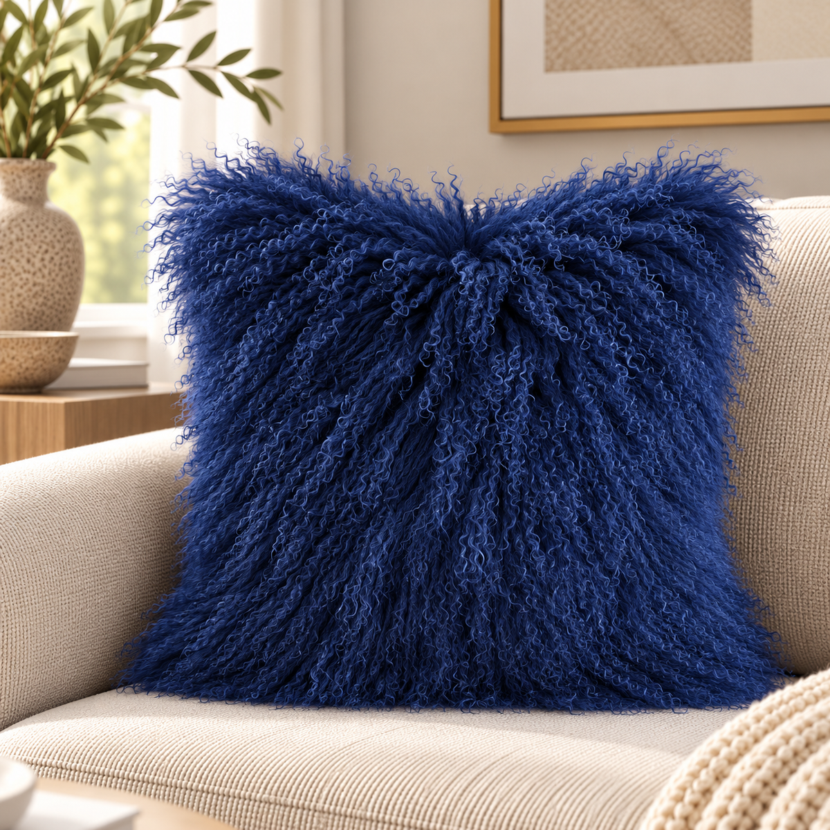 Mongolian/Tibetan Lamb Fur Pillow – 22″ × 22″ – Double-Sided