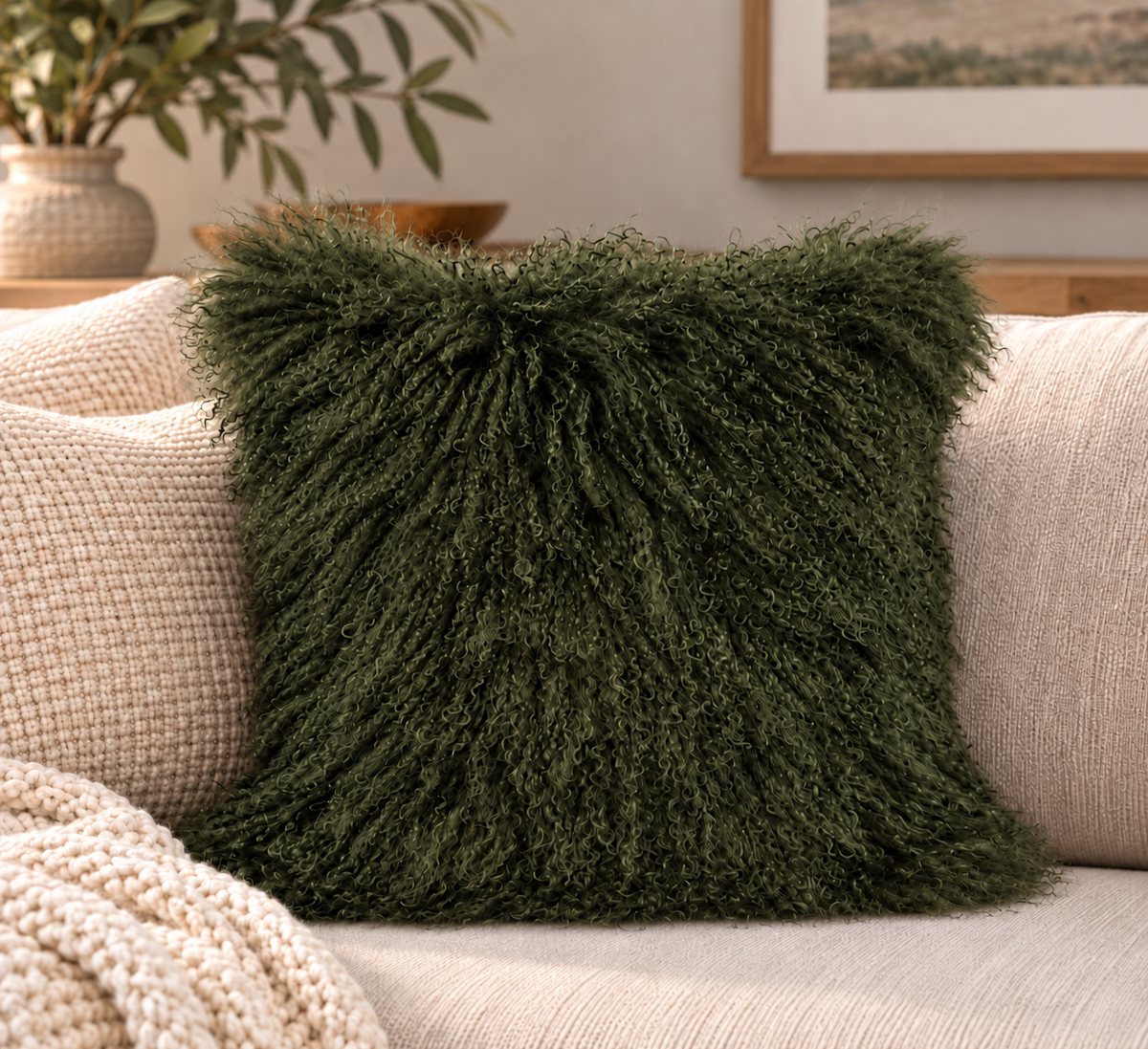 Mongolian/Tibetan Lamb Fur Pillow – 20″ × 20″ – Double-Sided
