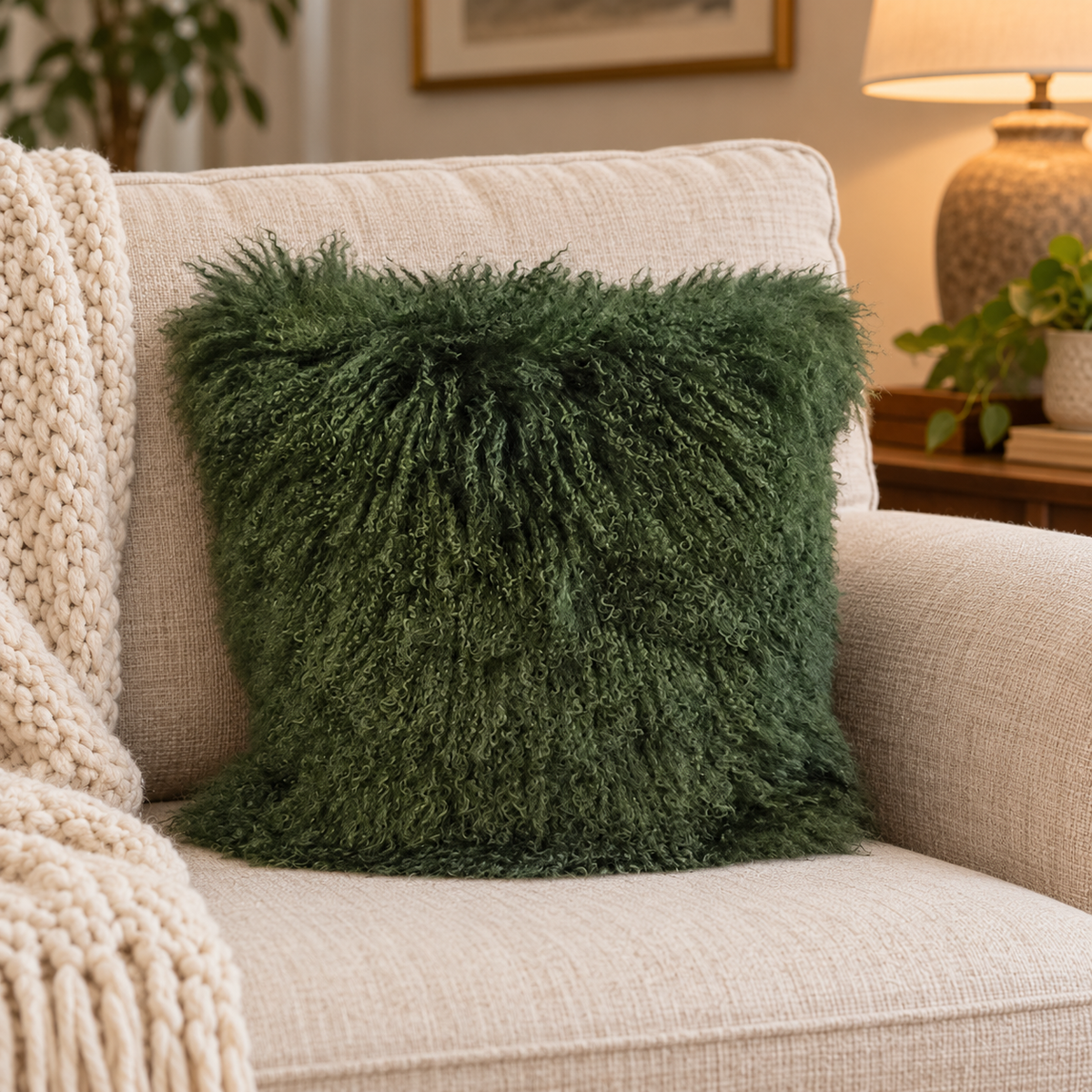 Mongolian/Tibetan Lamb Fur Pillow – 22″ × 22″ – Double-Sided