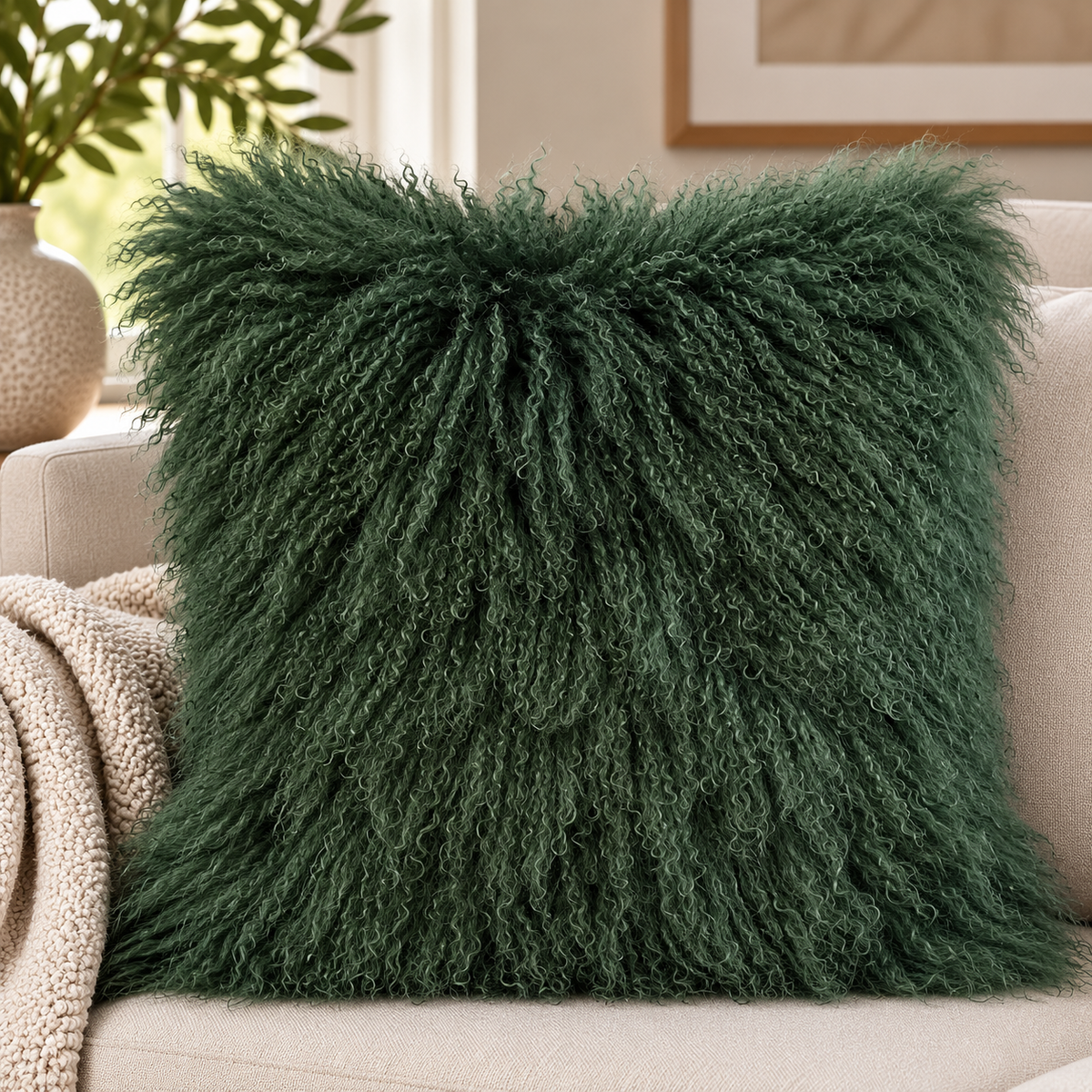 Mongolian/Tibetan Lamb Fur Pillow – 24″ × 24″ – Double-Sided