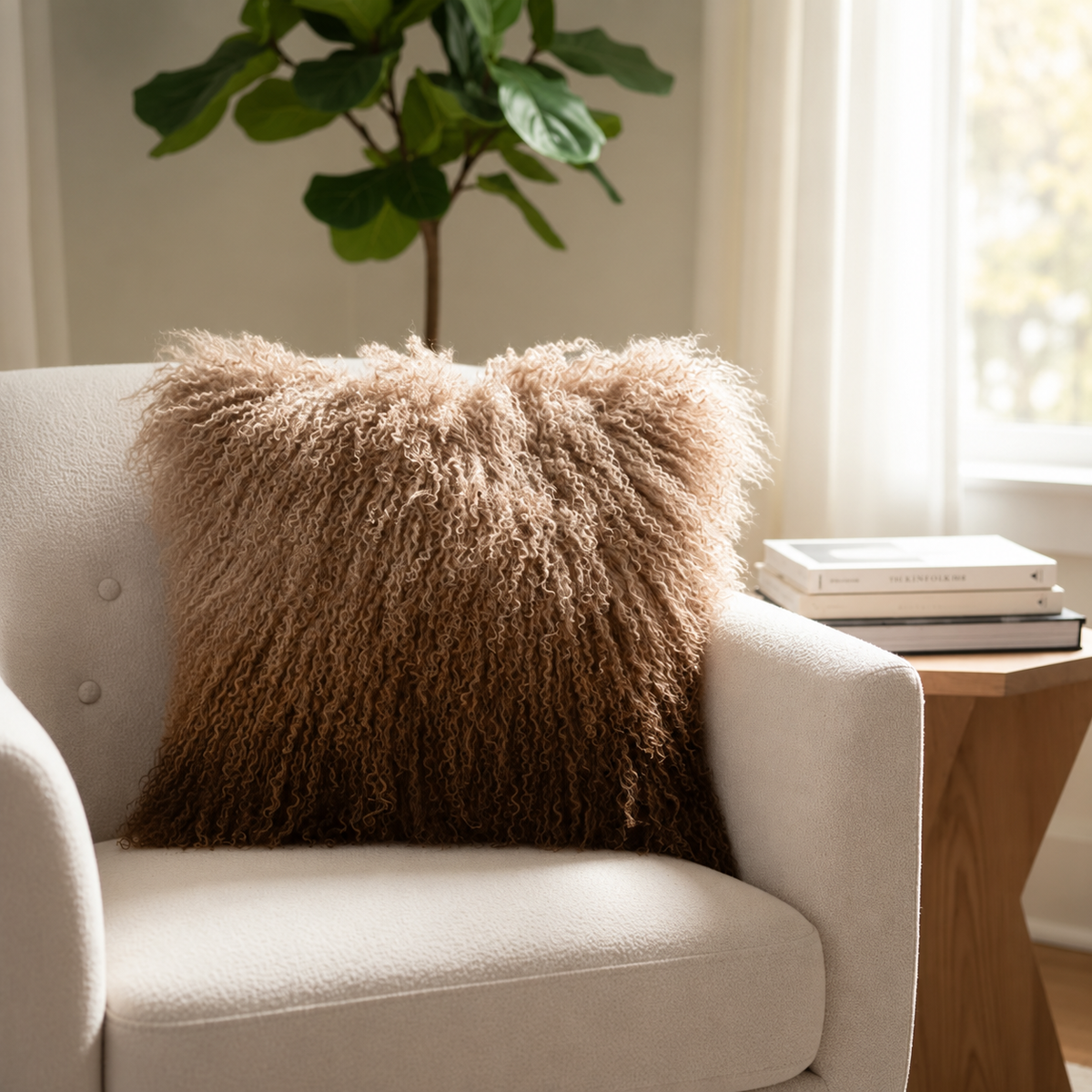 Mongolian/Tibetan Lamb Fur Pillow – 16″ × 16″ – Single-Sided