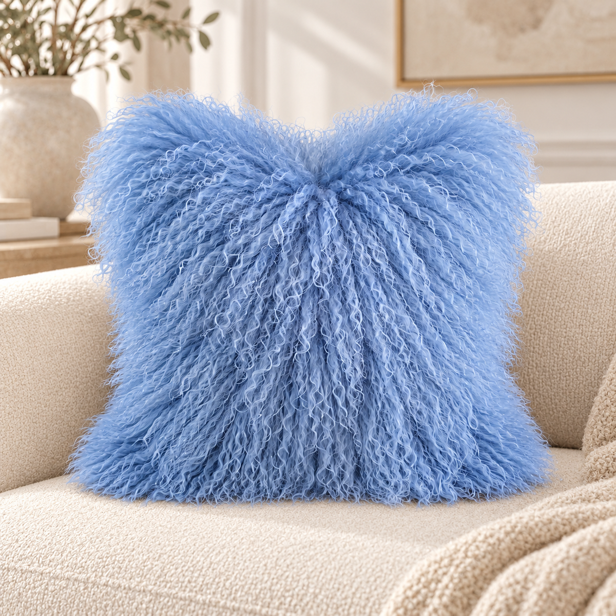 Mongolian/Tibetan Lamb Fur Pillow – 20″ × 20″ – Double-Sided