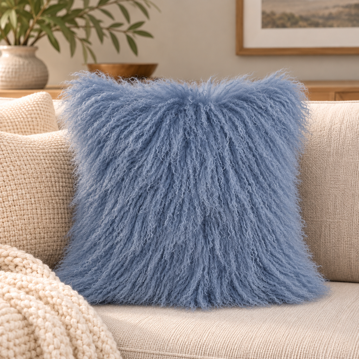 Mongolian/Tibetan Lamb Fur Pillow – 20″ × 20″ – Single-Sided