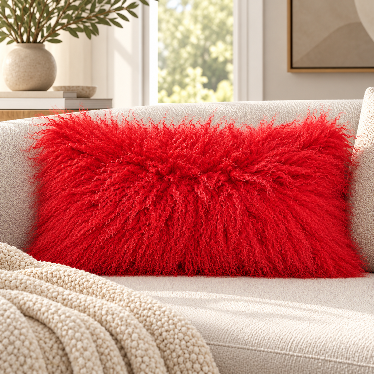 Mongolian/Tibetan Lamb Fur Pillow – 12″ × 24″ – Double-Sided