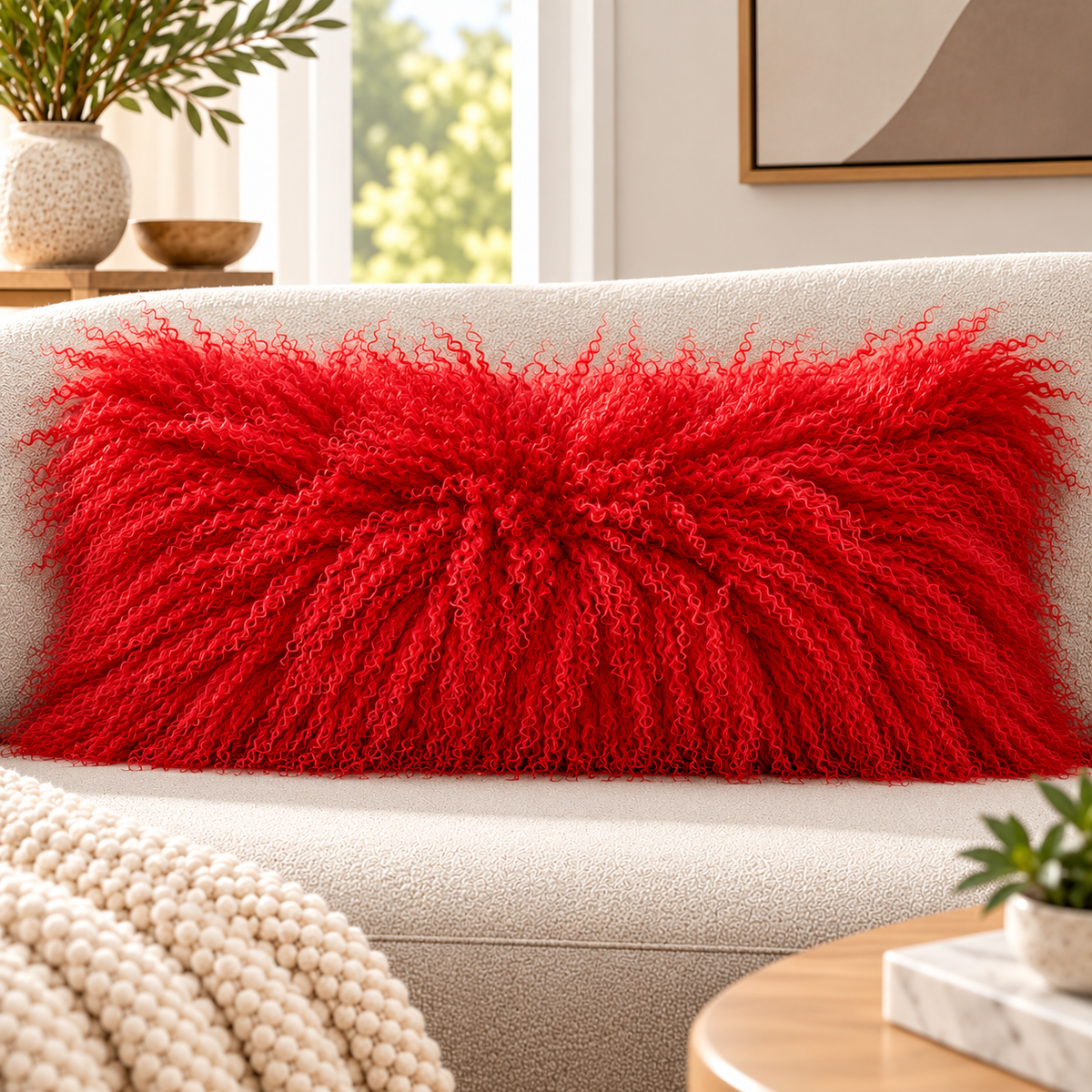 Mongolian/Tibetan Lamb Fur Lumbar Pillow – 14″ × 36″ – Single-Sided